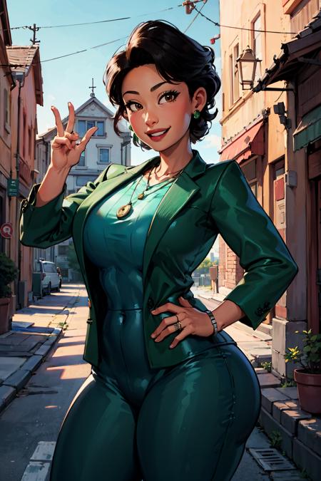 00548-673-minglee, 1girl, green jacket, pants, necklace, smiling, (curvy), town, dynamic pose, _lora_Sett_Ming_Lee_0.7_, milf, masterpiece.png